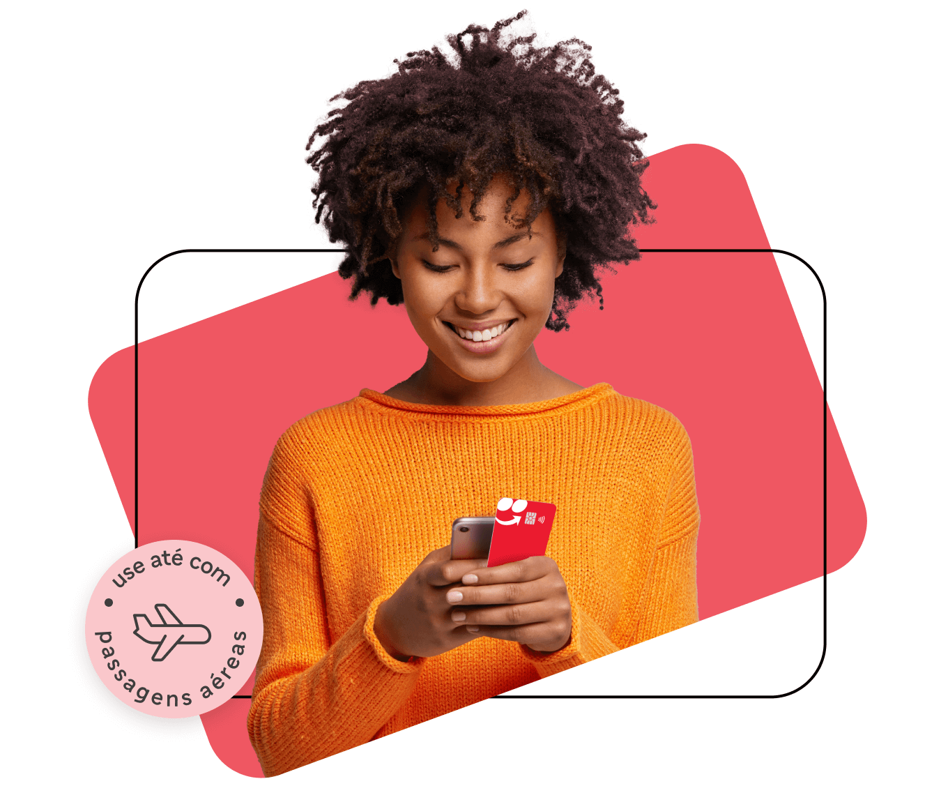 Mulher feliz escolhendo ofertas no celular. Um selo acima da imagem mostrando que iFood Benefícios pode ser utilizado até com passagens aéreas.